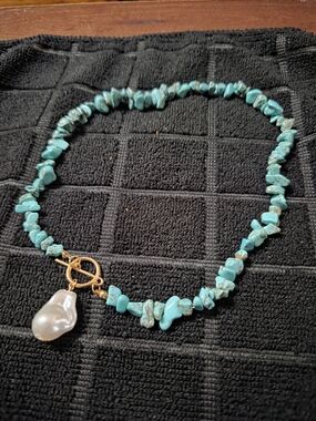 Turquoise Chip Necklace with Baroque Pearl Charm